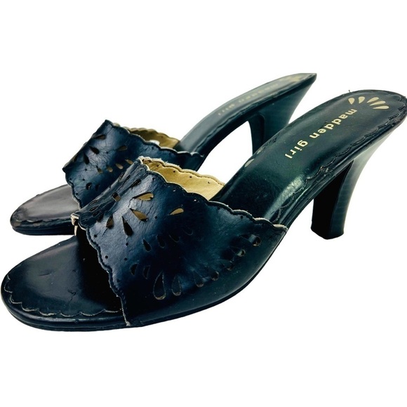 Madden Girl Shoes - 𝅺MADDEN Girl Corona Slides Black Laser Cut Open Toe Stacked Heel Size 10